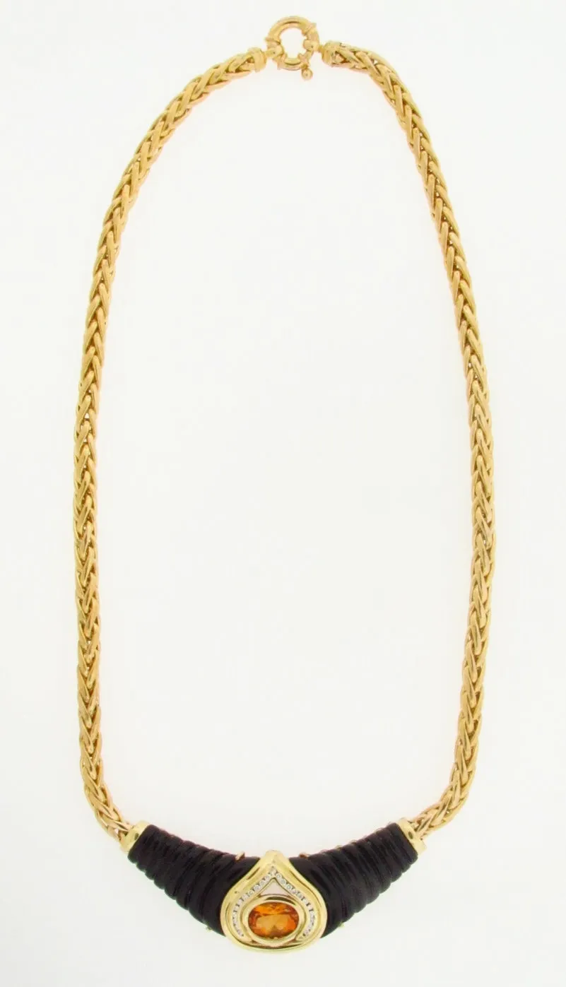 14K YELLOW GOLD CITRINE, ONYX, DIAMOND NECKLACE