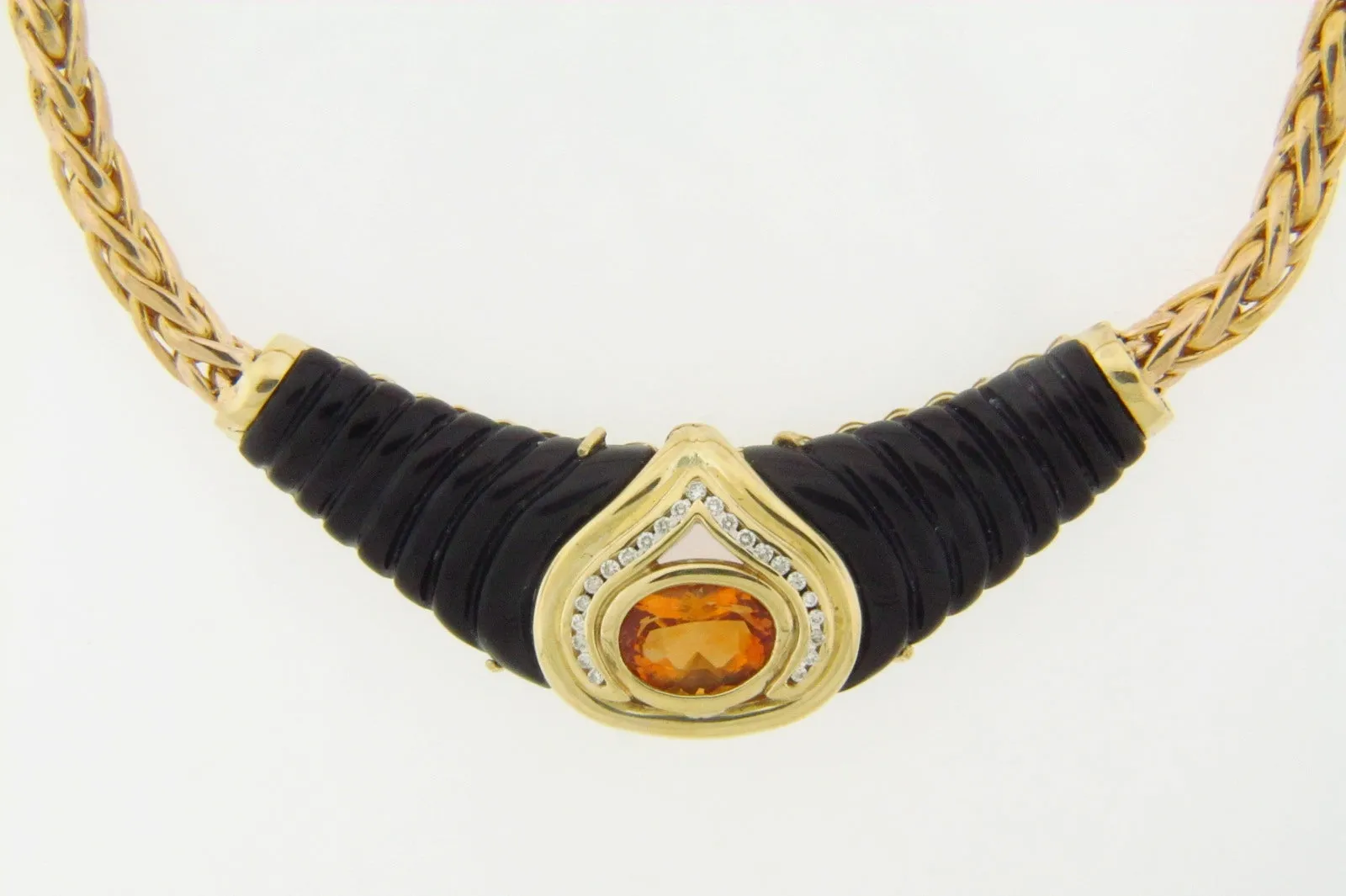14K YELLOW GOLD CITRINE, ONYX, DIAMOND NECKLACE