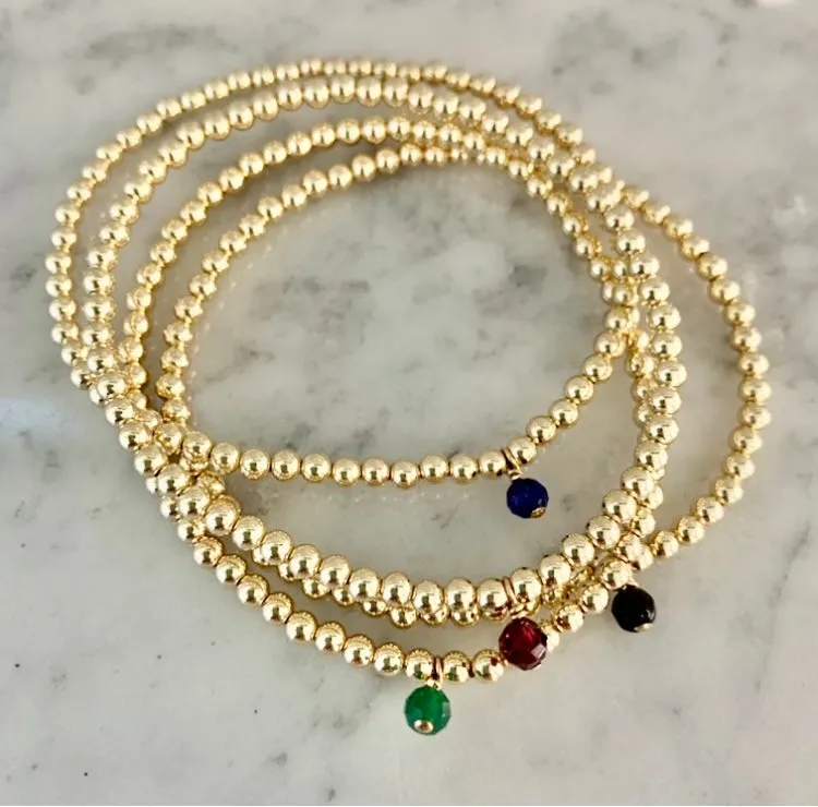 3mm Beaded Bracelet with one 4mm Gemstone Charm