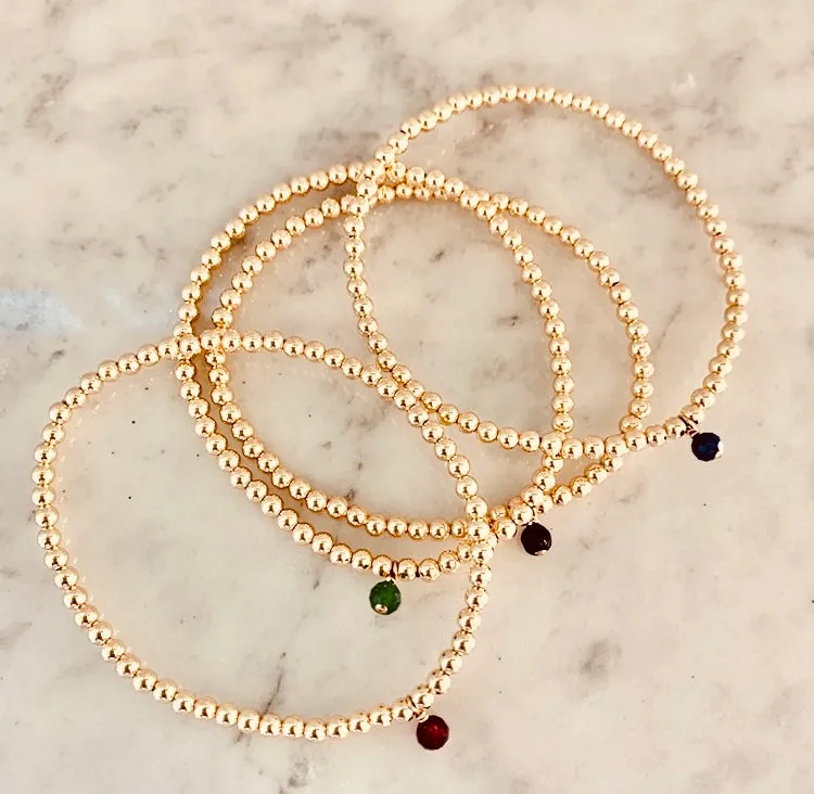 3mm Beaded Bracelet with one 4mm Gemstone Charm