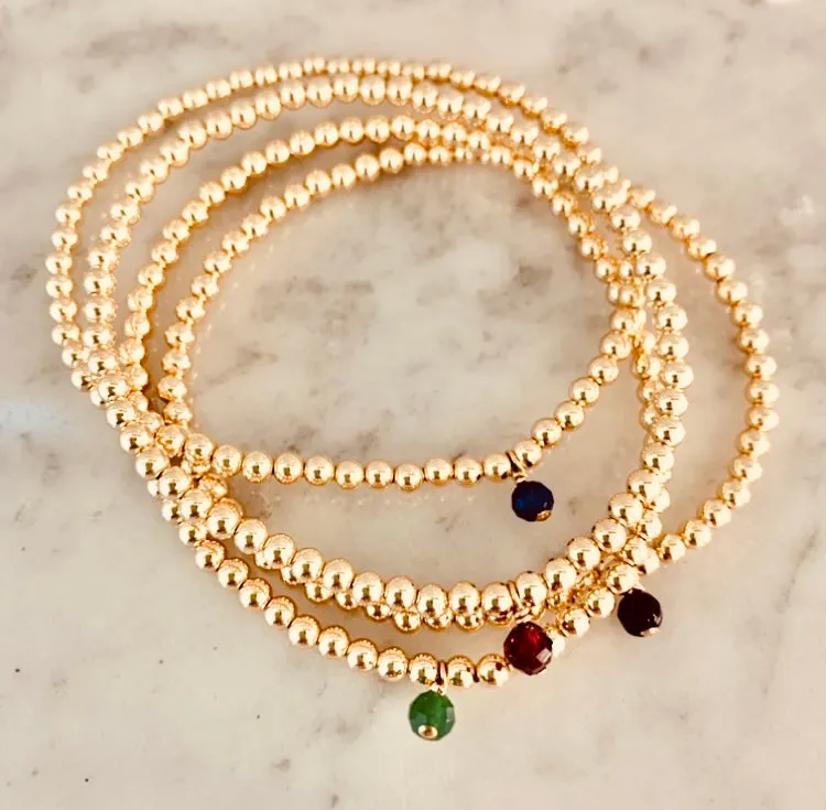 3mm Beaded Bracelet with one 4mm Gemstone Charm