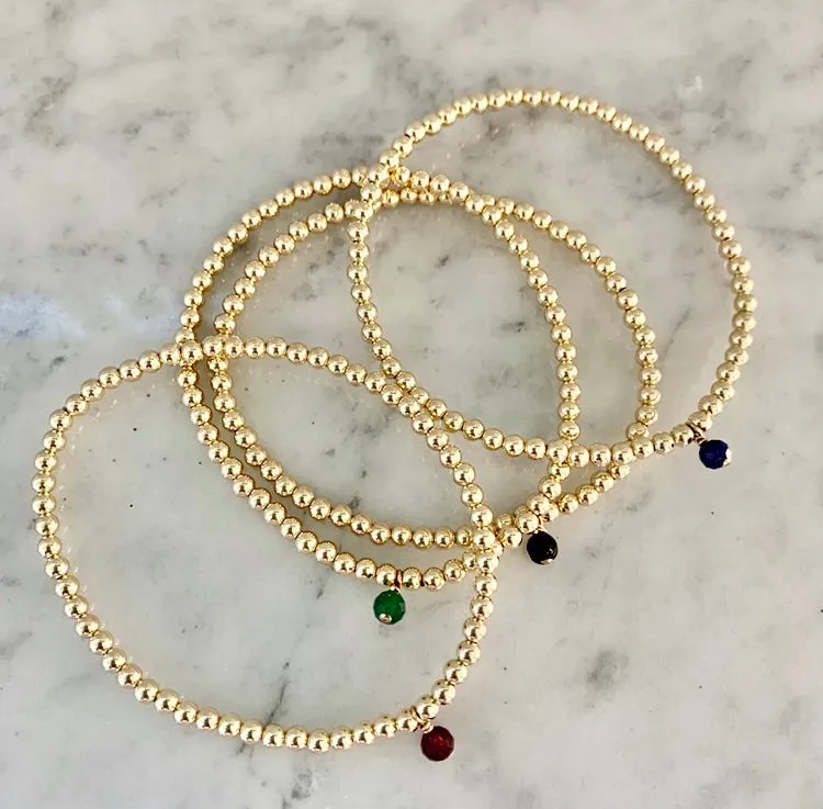 3mm Beaded Bracelet with one 4mm Gemstone Charm