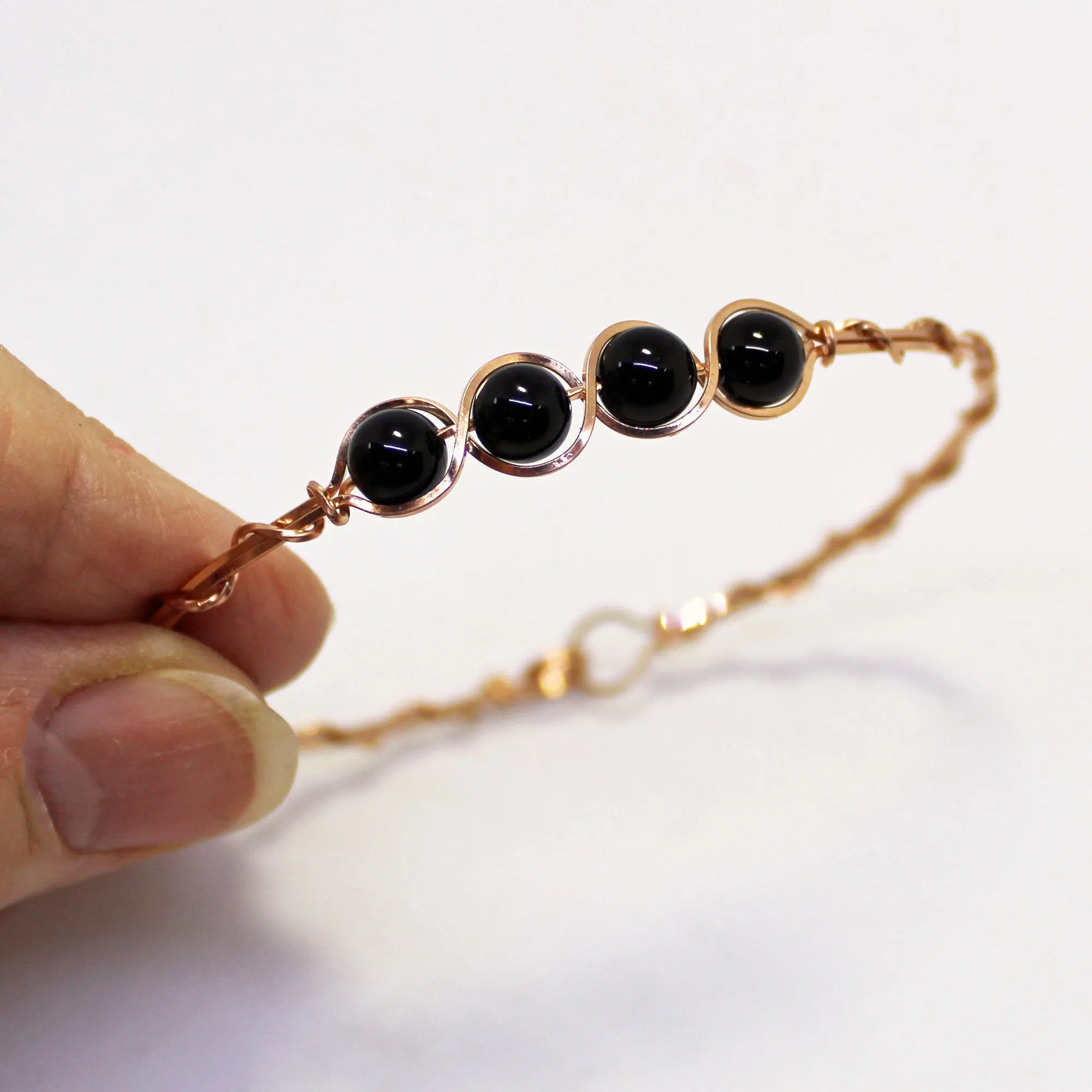 4-Bead Outline Black Onyx Beads Rose Gold Filled Wire Wrapped Bracelet