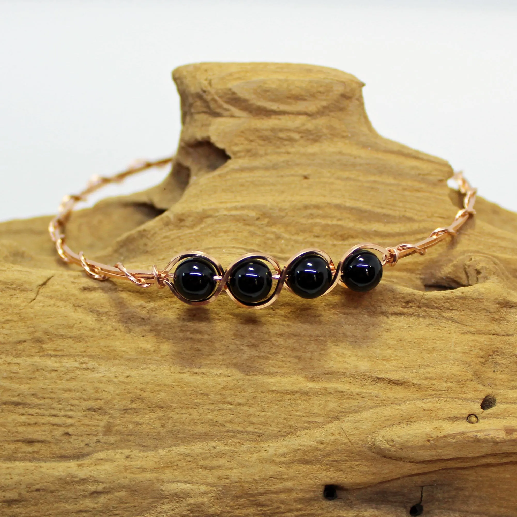 4-Bead Outline Black Onyx Beads Rose Gold Filled Wire Wrapped Bracelet