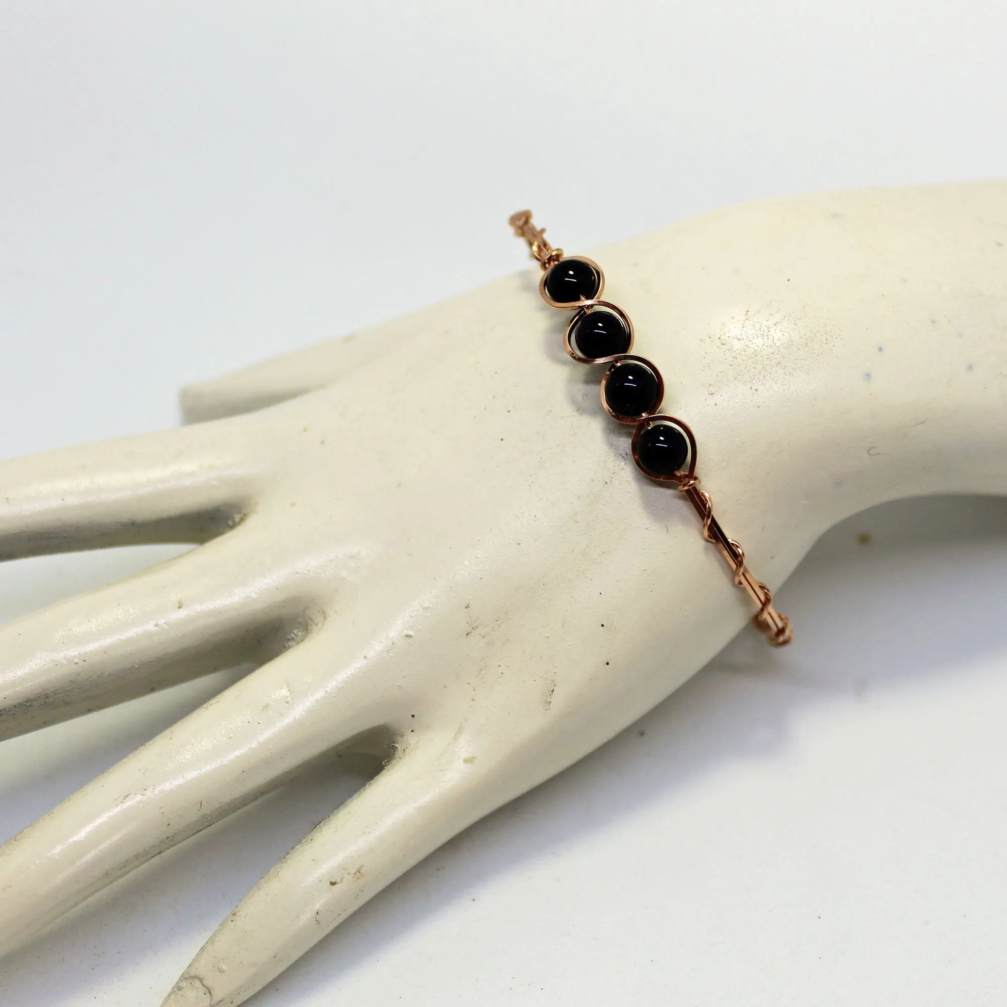 4-Bead Outline Black Onyx Beads Rose Gold Filled Wire Wrapped Bracelet