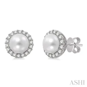 8 MM Cultured Pearls and 1/3 ctw Round Cut Diamond Earrings in 14K White Gold
