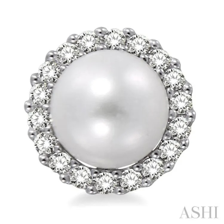8 MM Cultured Pearls and 1/3 ctw Round Cut Diamond Earrings in 14K White Gold