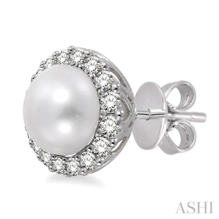 8 MM Cultured Pearls and 1/3 ctw Round Cut Diamond Earrings in 14K White Gold