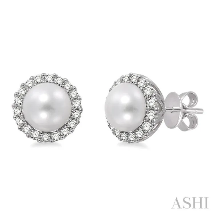 8 MM Cultured Pearls and 1/3 ctw Round Cut Diamond Earrings in 14K White Gold