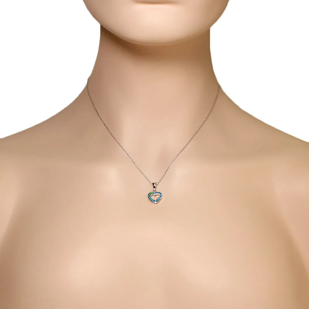 925 Sterling Silver Blue Turquoise-Tone Simulated Opal Open Love Heart Pendant Necklace