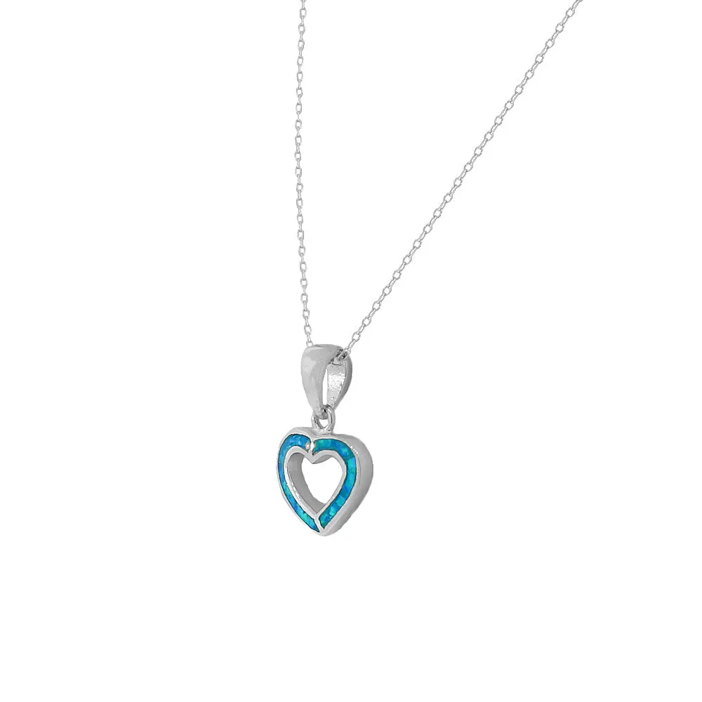 925 Sterling Silver Blue Turquoise-Tone Simulated Opal Open Love Heart Pendant Necklace