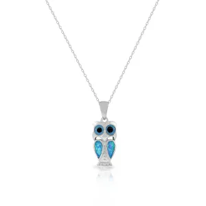925 Sterling Silver Blue Turquoise-Tone Simulated Opal Owl Pendant Necklace