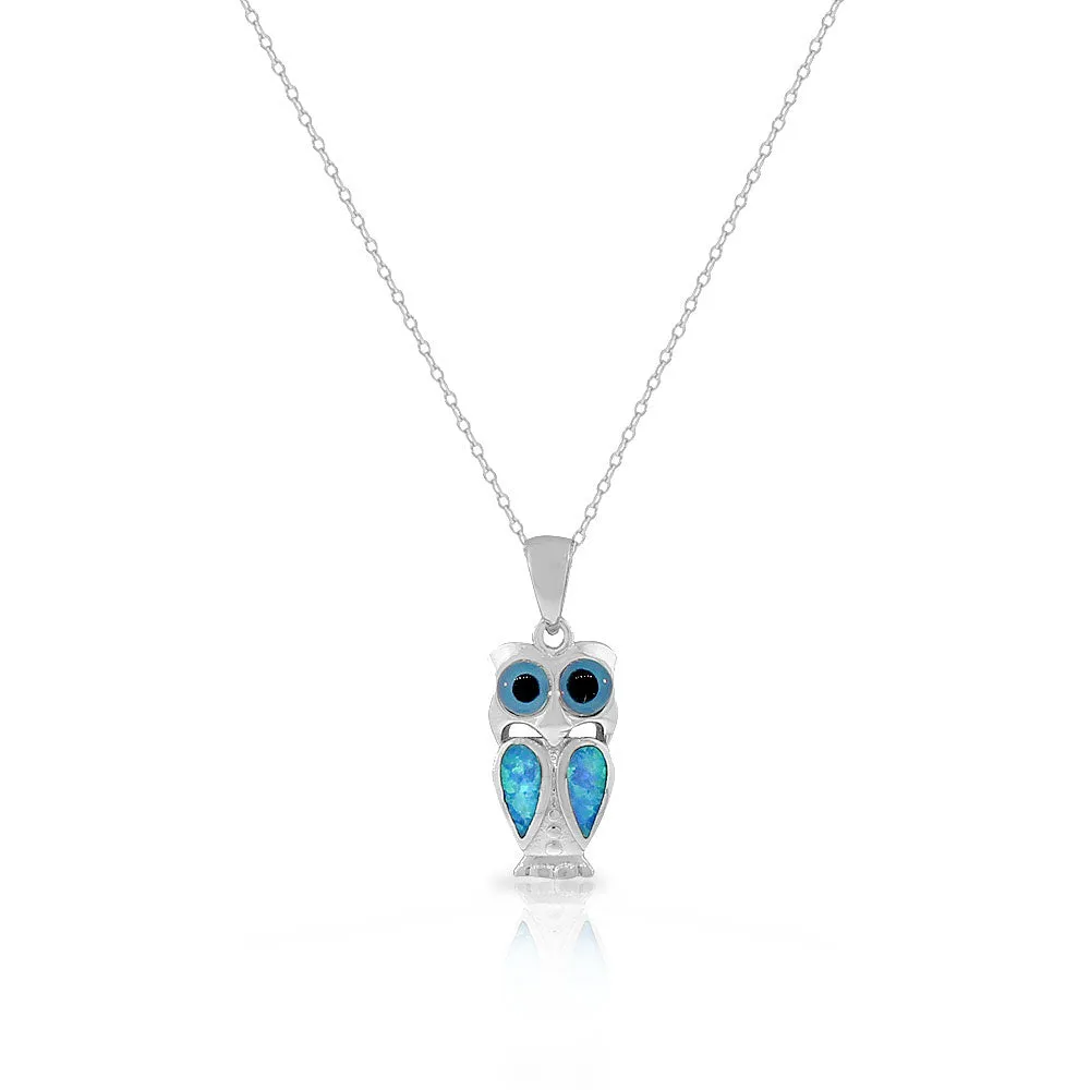 925 Sterling Silver Blue Turquoise-Tone Simulated Opal Owl Pendant Necklace