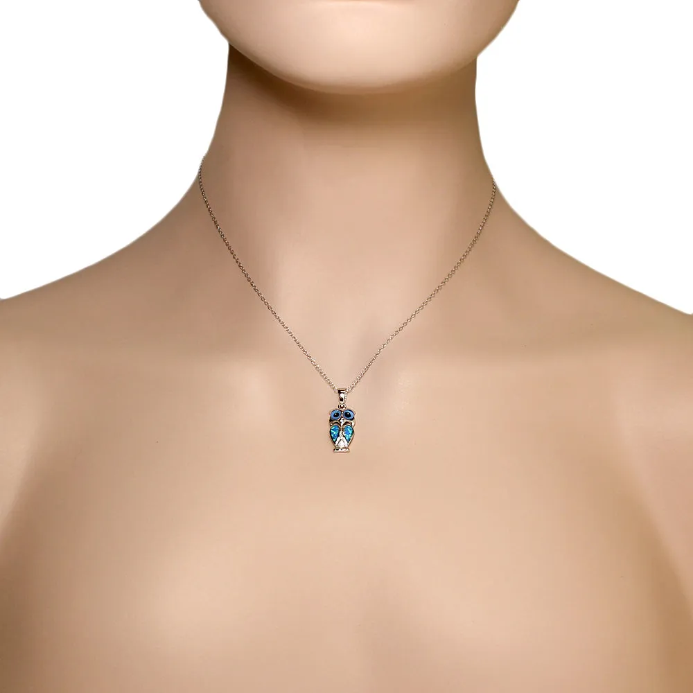 925 Sterling Silver Blue Turquoise-Tone Simulated Opal Owl Pendant Necklace