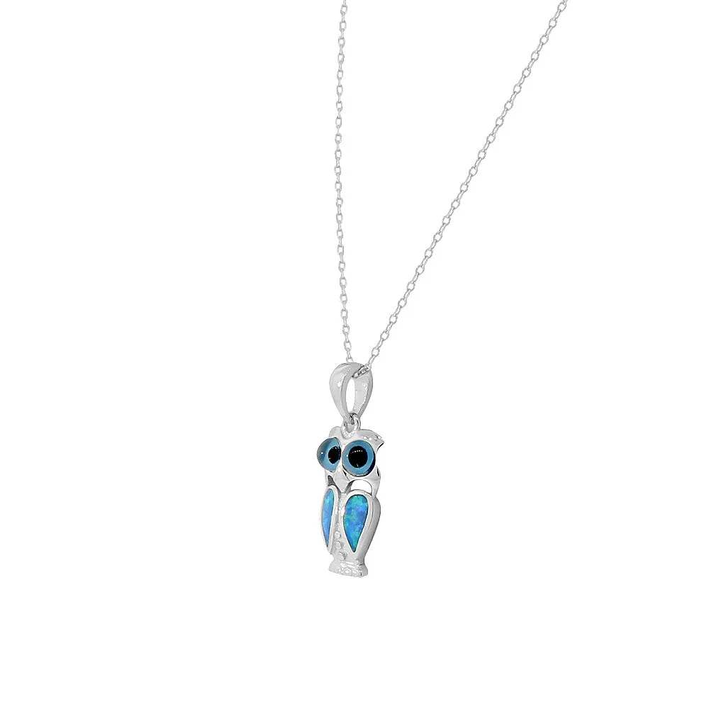925 Sterling Silver Blue Turquoise-Tone Simulated Opal Owl Pendant Necklace