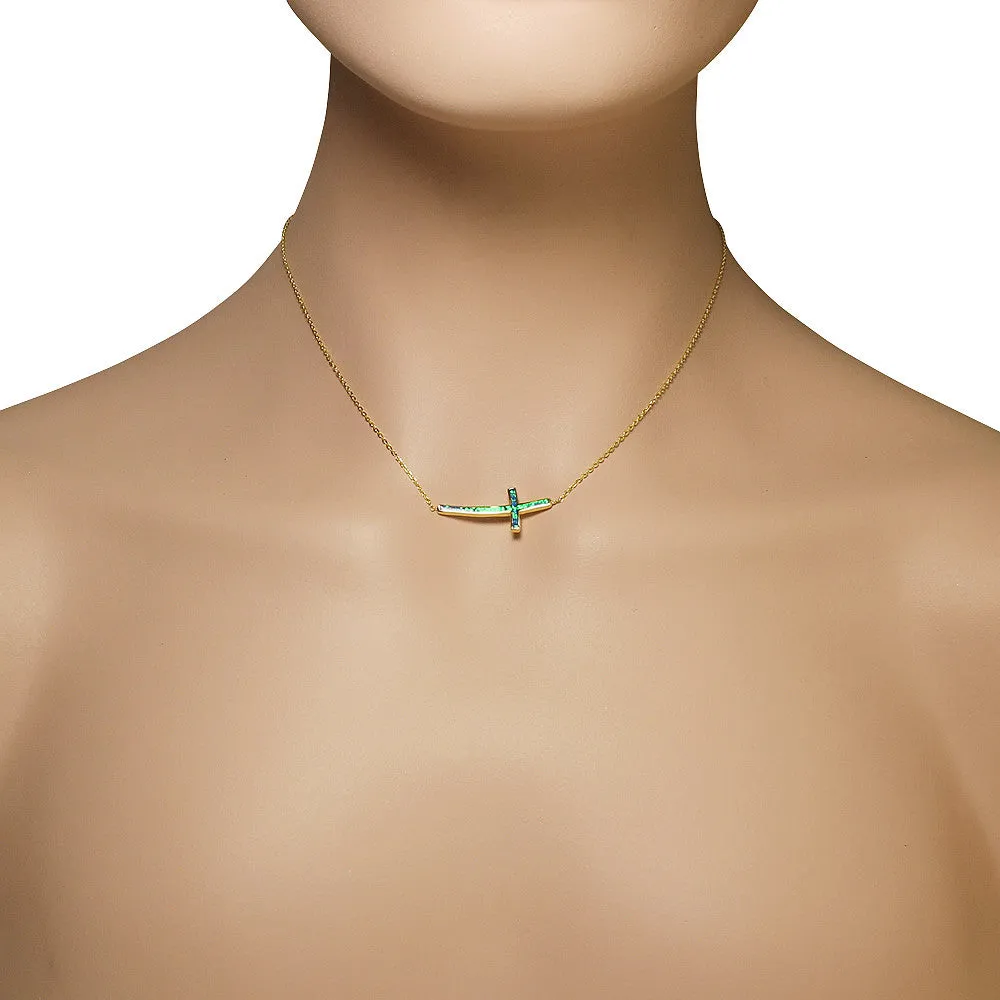 925 Sterling Silver Yellow Gold-Tone Opal Curved Sideway Cross Necklace