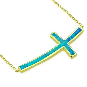 925 Sterling Silver Yellow Gold-Tone Opal Curved Sideway Cross Necklace