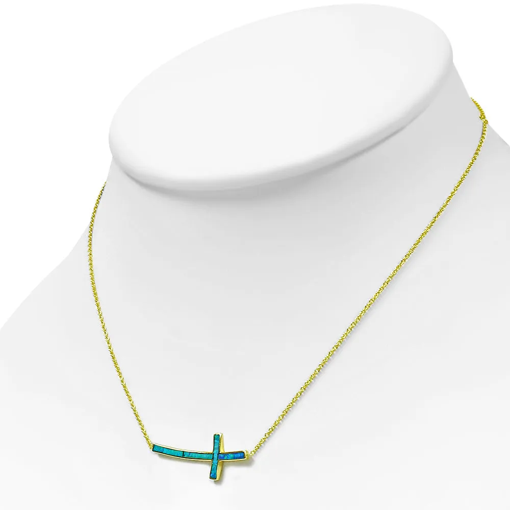 925 Sterling Silver Yellow Gold-Tone Opal Curved Sideway Cross Necklace