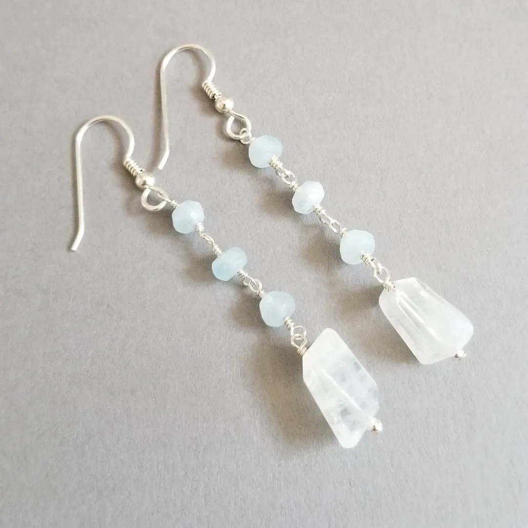 Aquamarine and Moonstone Dangle Earrings, Sterling Silver or Gold Filled
