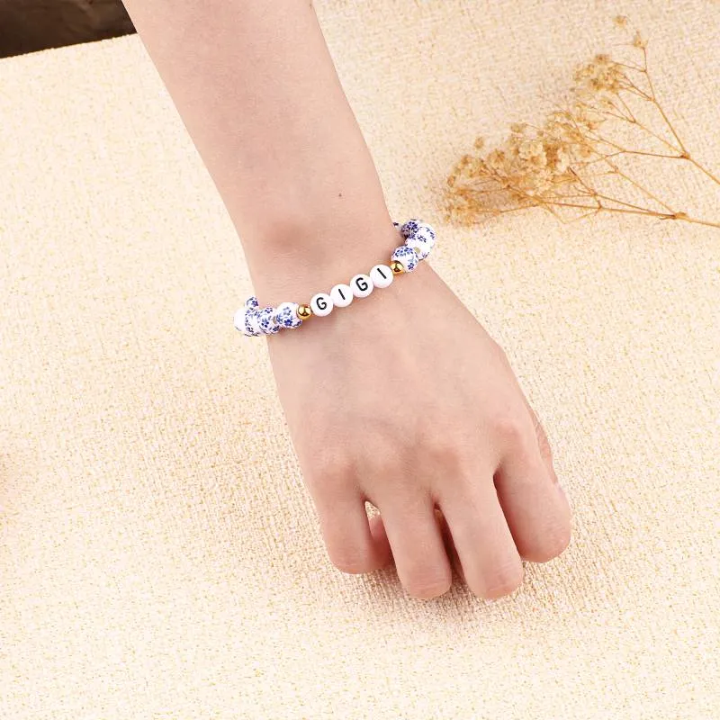 Blue Porcelain Floral Beaded Bracelet for Mom & Grandma