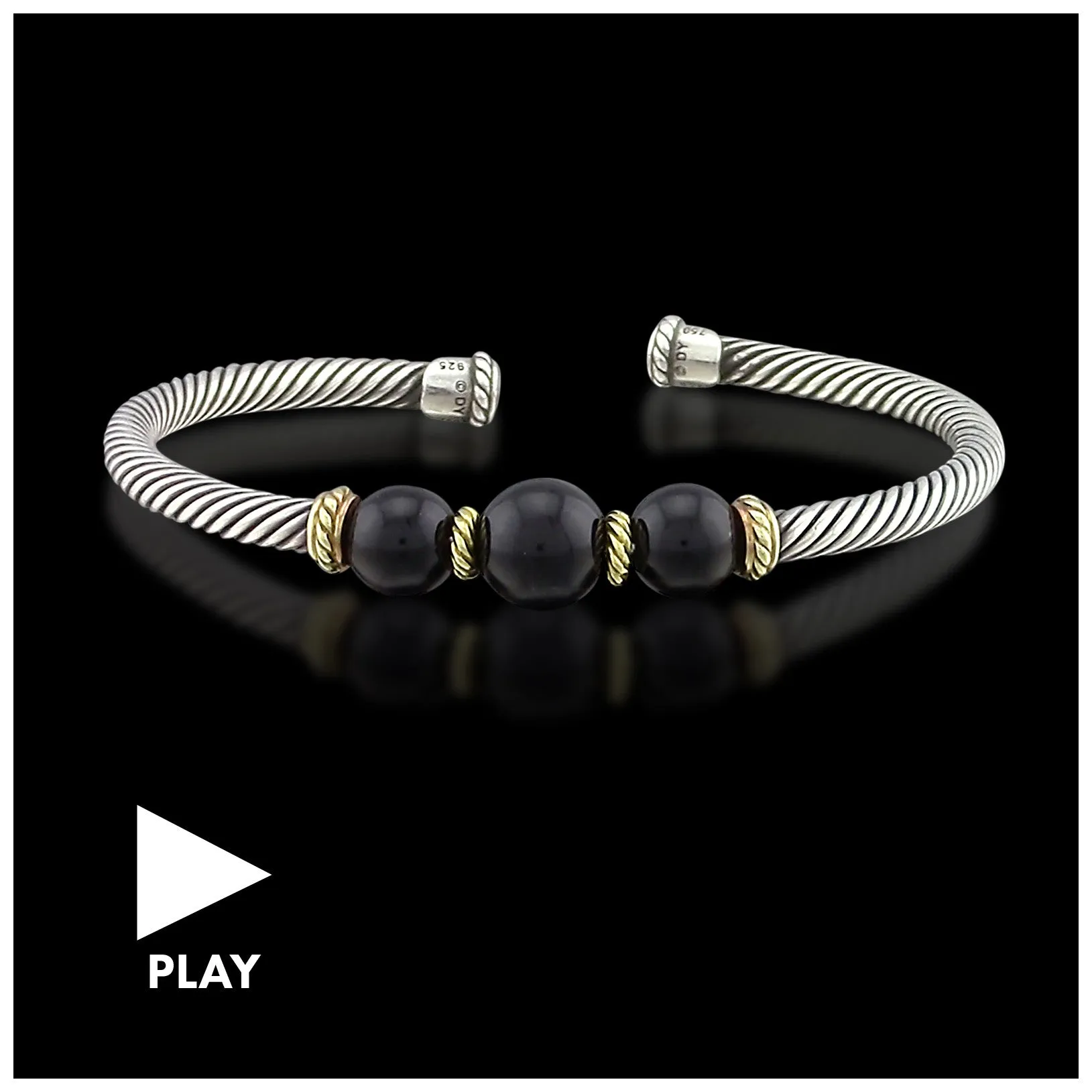 David Yurman Sterling Silver 18k Gold Onyx Cable Cuff Bracelet