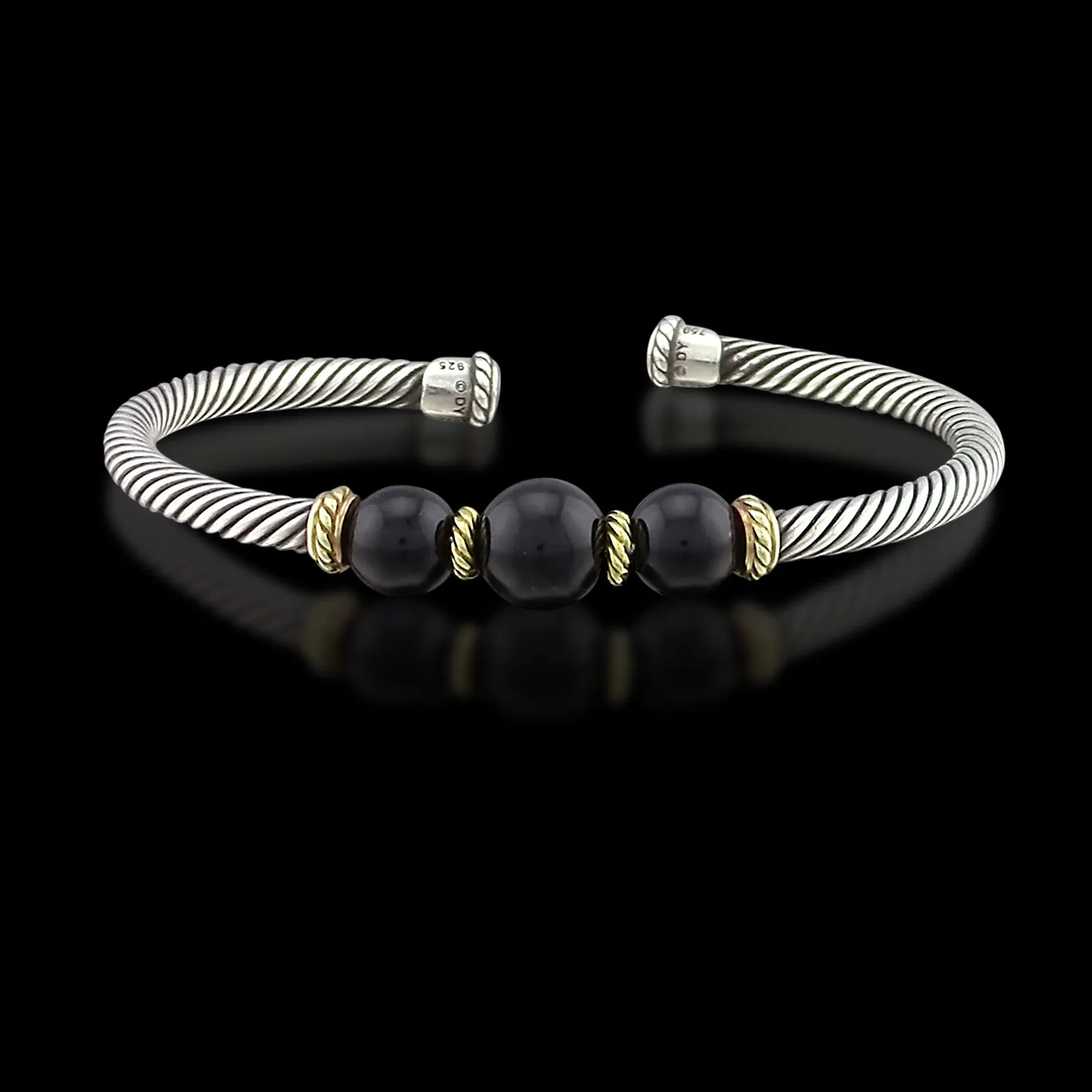 David Yurman Sterling Silver 18k Gold Onyx Cable Cuff Bracelet