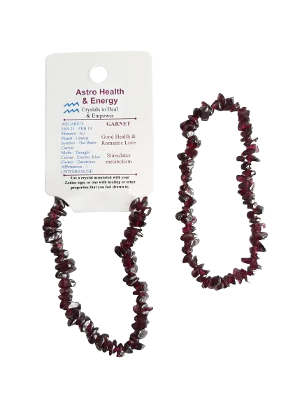 Garnet Crystal Chip Elastic Horoscope Bracelet - Star Sign Aquarius