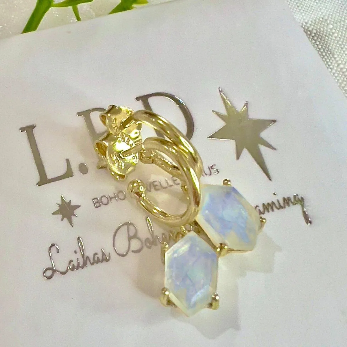 Laihas Miraculous Hexagon Moonstone Gold Hoop Earrings