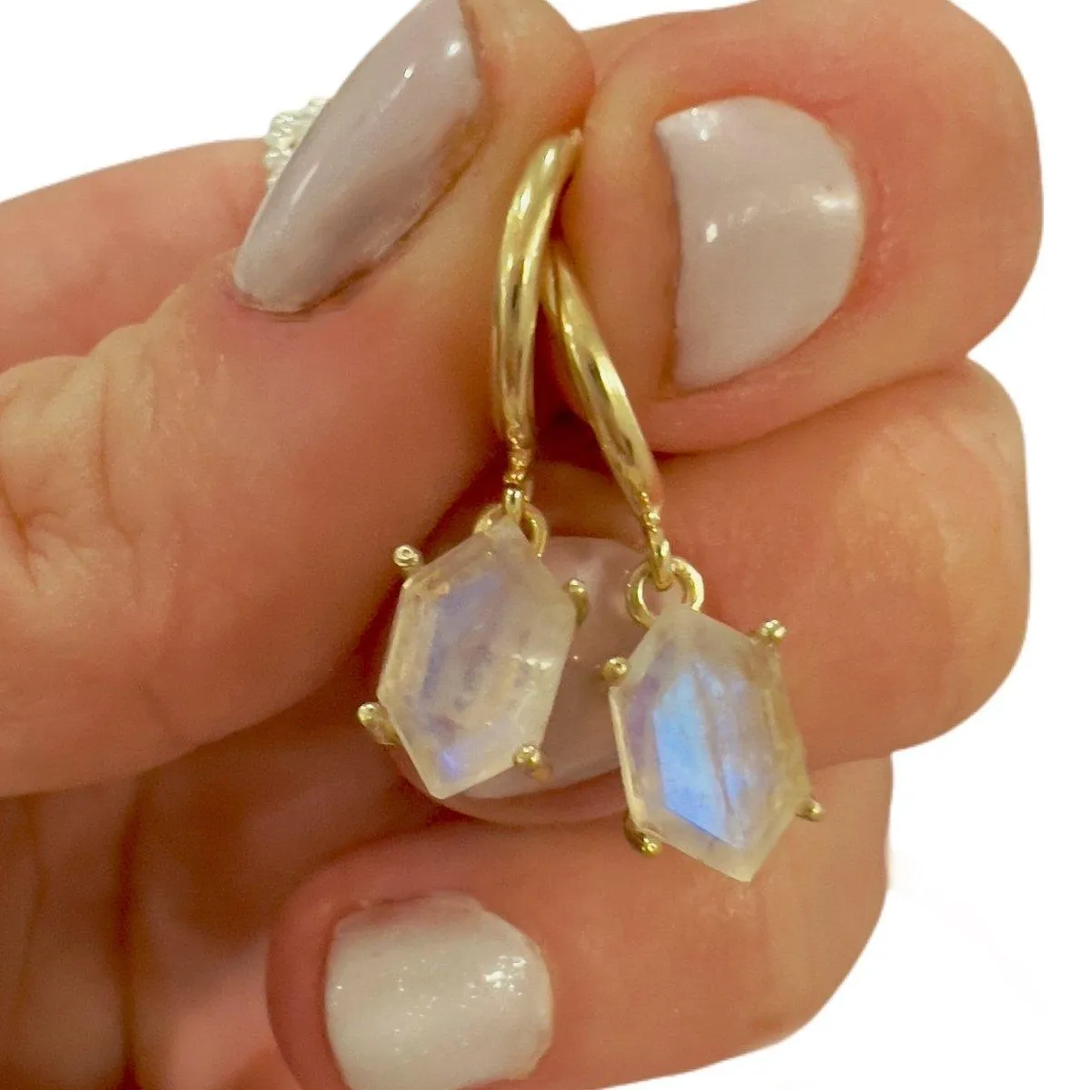 Laihas Miraculous Hexagon Moonstone Gold Hoop Earrings