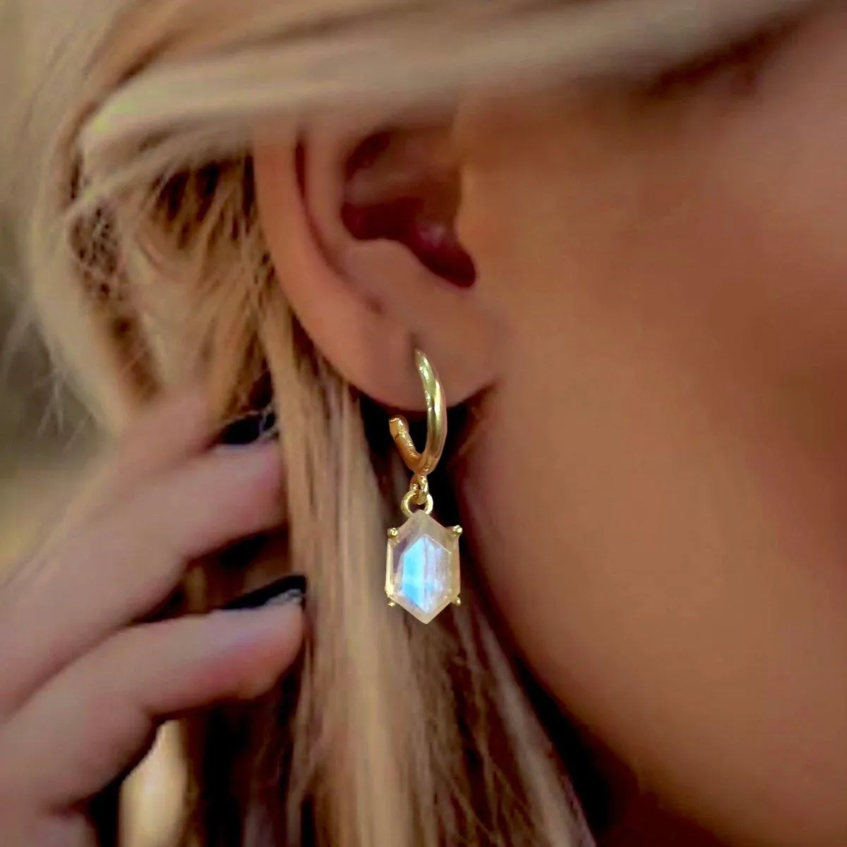 Laihas Miraculous Hexagon Moonstone Gold Hoop Earrings