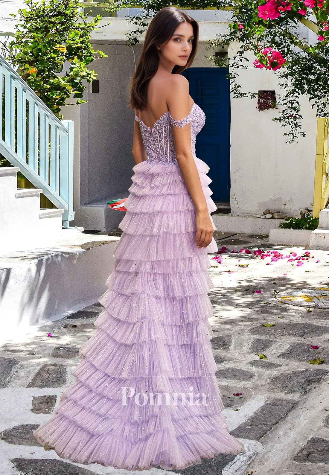 Lilac Sweetheart Sleeveless Prom Dress with Ruffles Corset Tulle Evening Party Dress