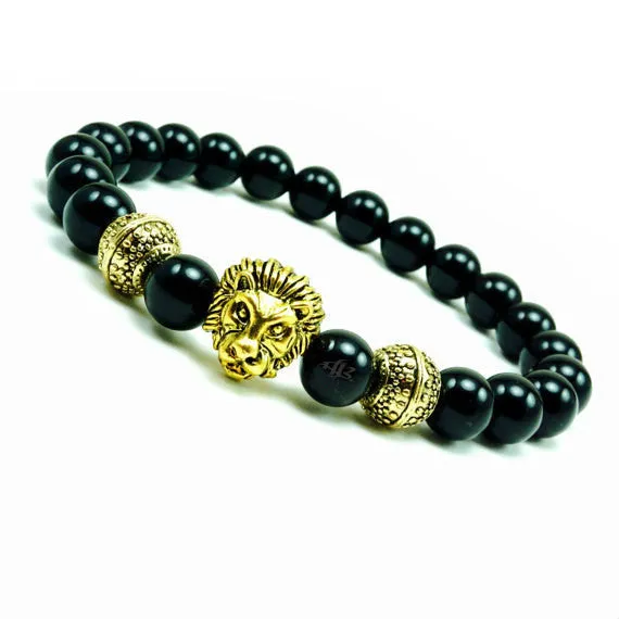 MGM Gold Lion Onyx Beaded Bracelet"