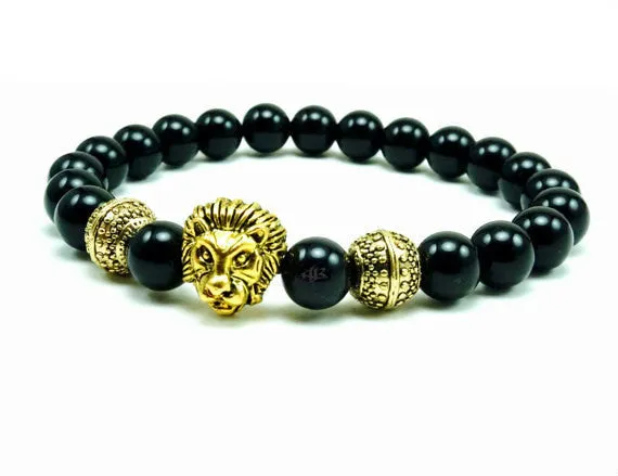 MGM Gold Lion Onyx Beaded Bracelet"