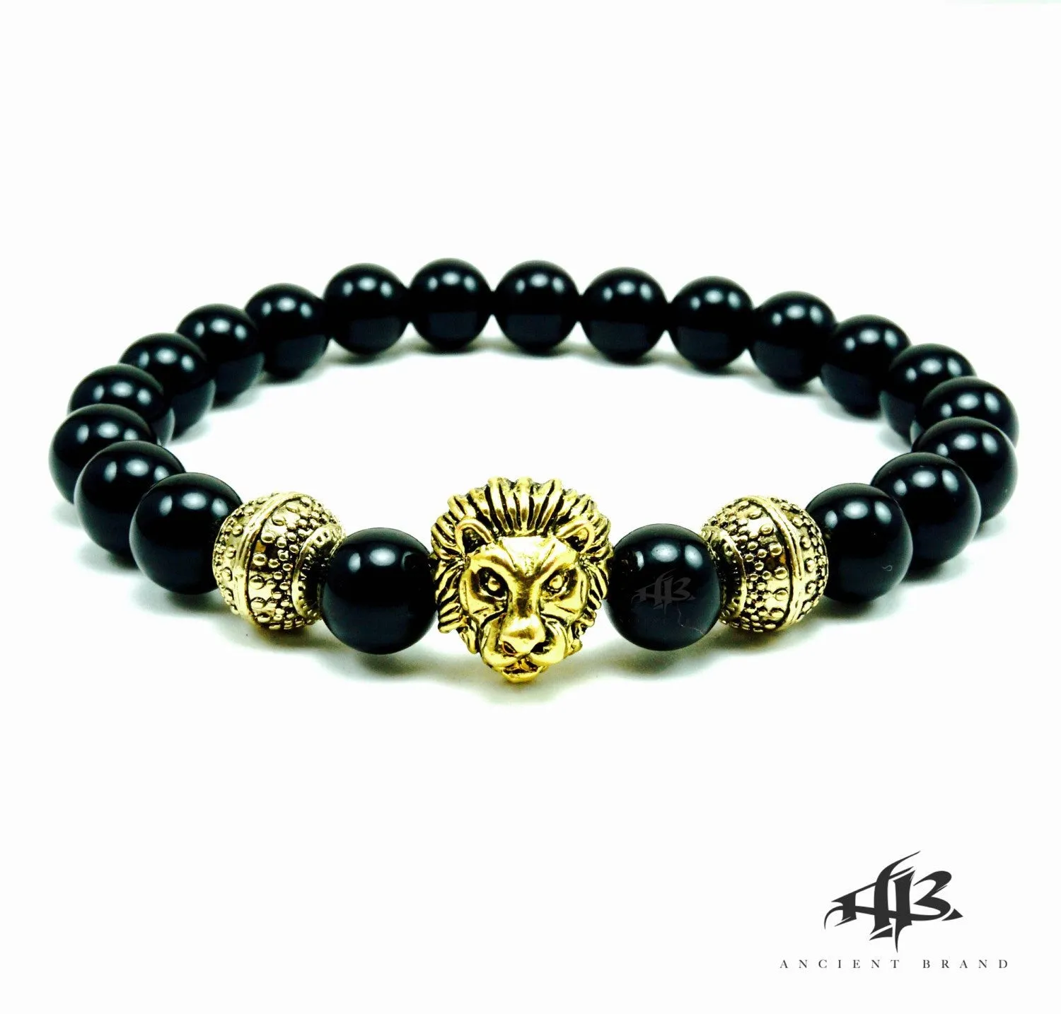 MGM Gold Lion Onyx Beaded Bracelet"