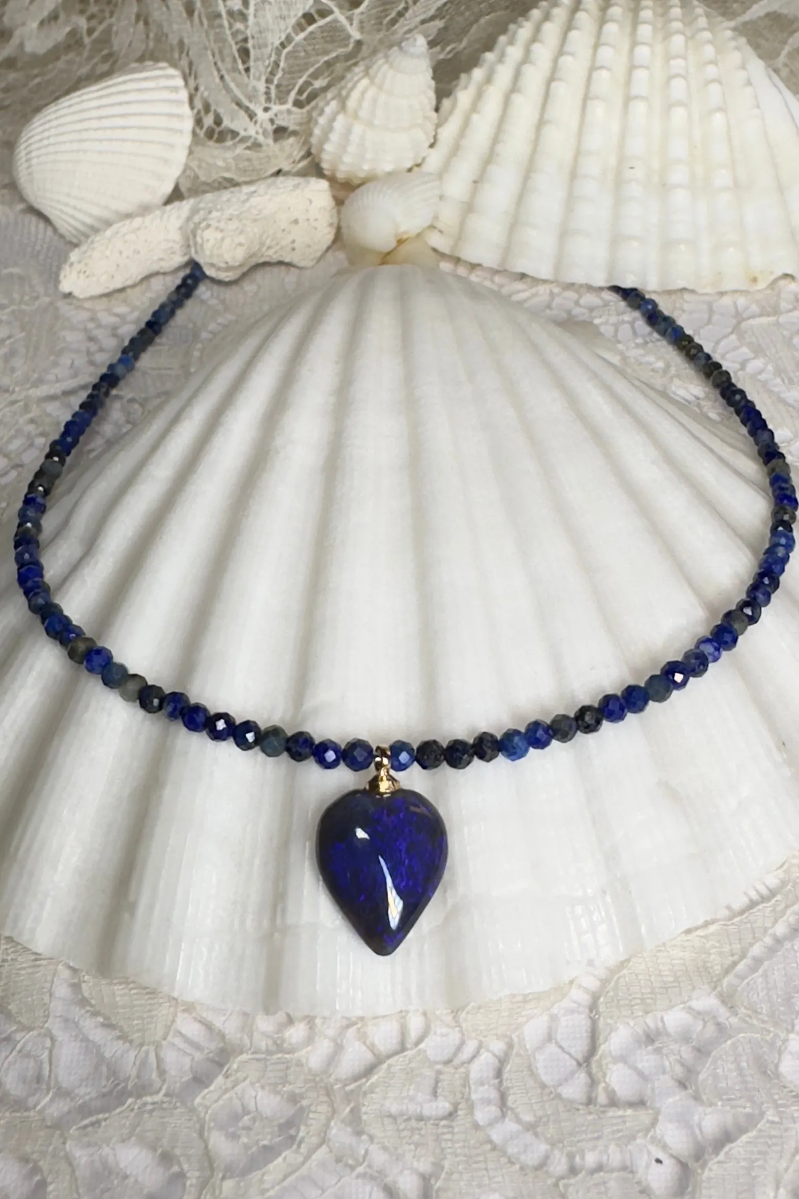 Necklace Australian Opal Heart on Lapis Lazuli