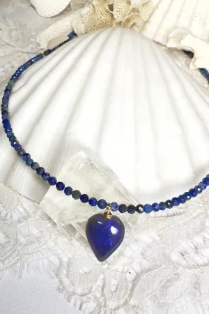 Necklace Australian Opal Heart on Lapis Lazuli