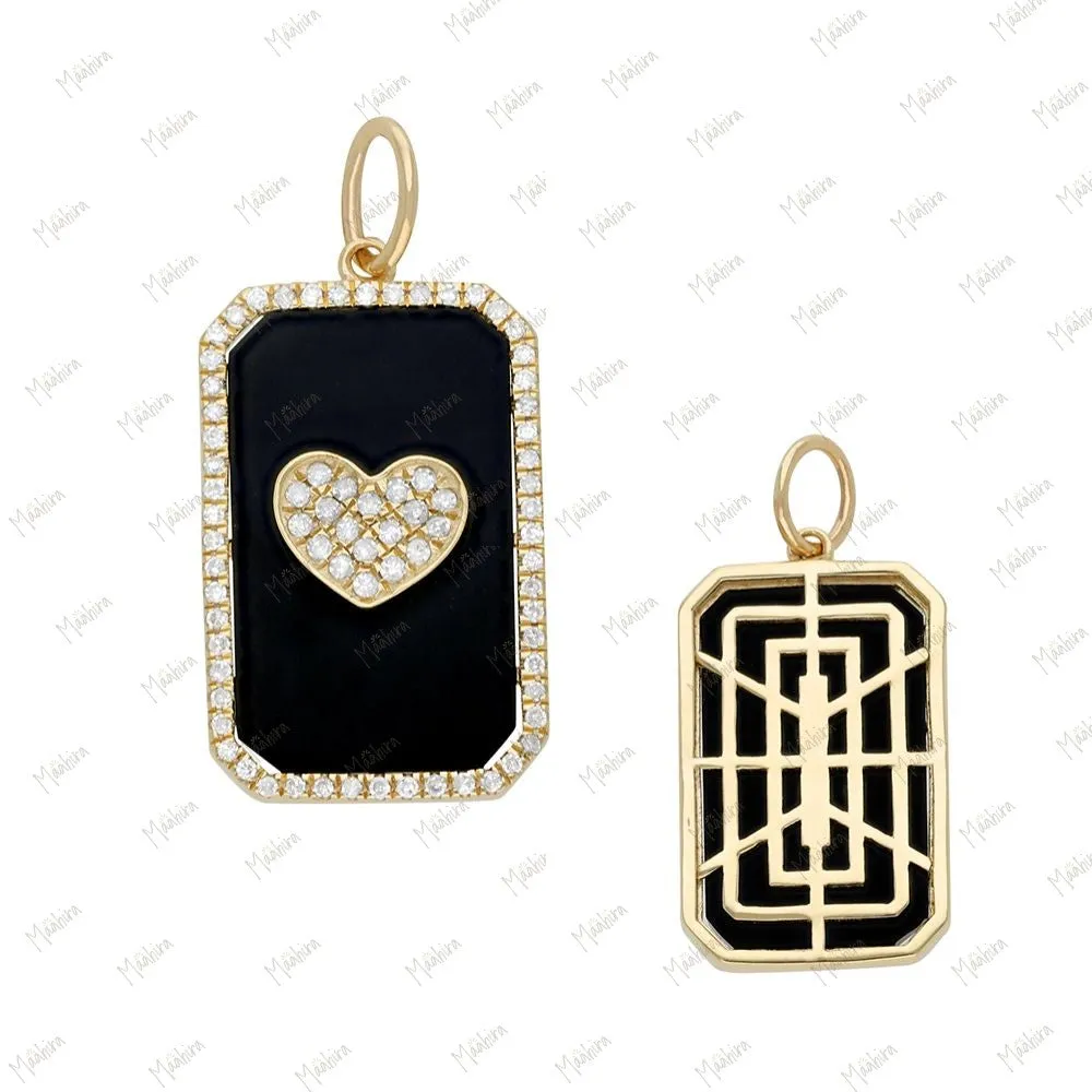 Octagon Black Onyx Diamond Heart Pendant 24x10mm