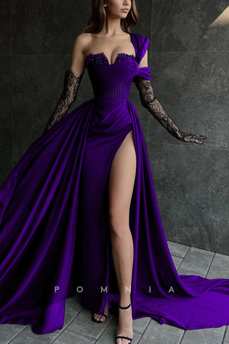 P1832 - Striking One Shoulder Chiffon A-Line High Split Prom Evening Formal Dress