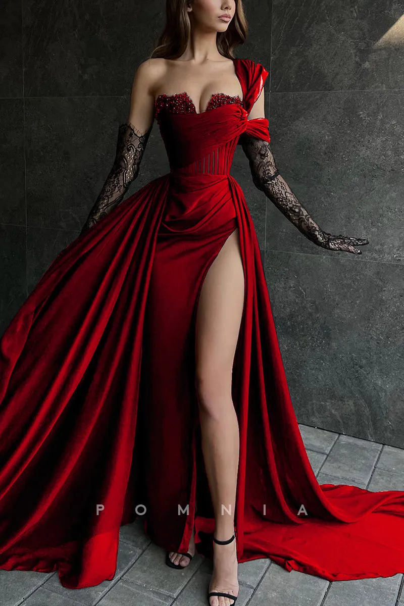 P1832 - Striking One Shoulder Chiffon A-Line High Split Prom Evening Formal Dress