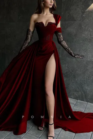 P1832 - Striking One Shoulder Chiffon A-Line High Split Prom Evening Formal Dress