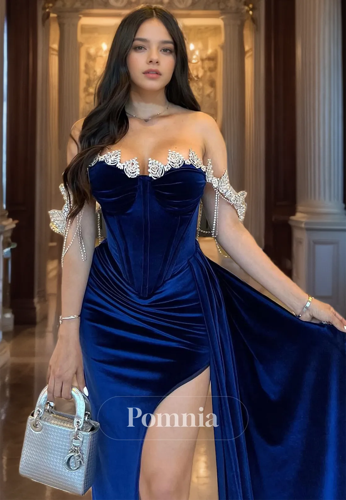 P2085 - Strapless Sweetheart Beaded Pleated Side Slit Velvet Prom Evening Dress