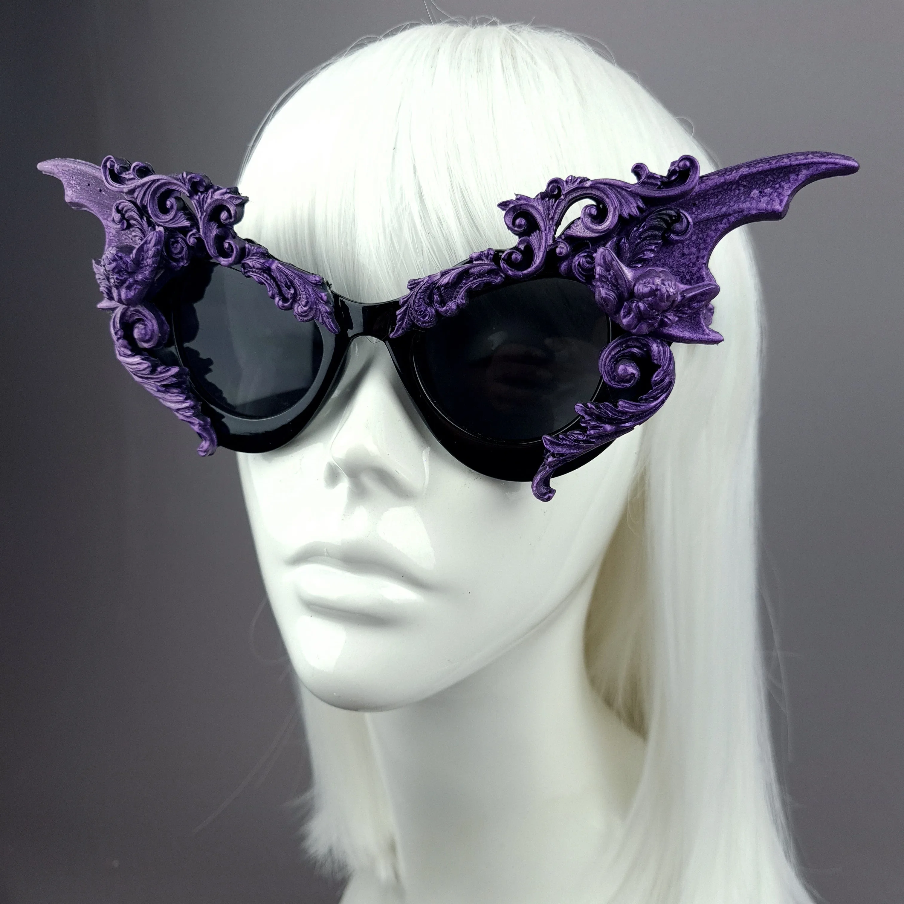 "Bathory" Black & Purple Filigree Ornate Bat Wing & Cherub Sunglasses