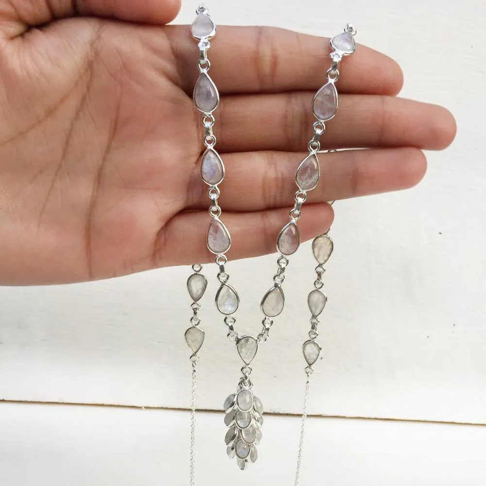 Rainbow Moonstone Silver Tassel Necklace