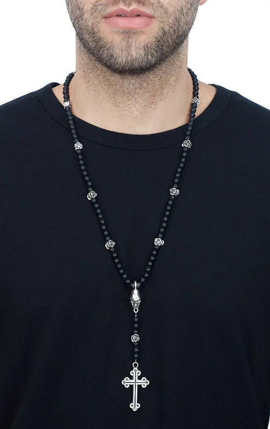 Rosary w/Onyx Beads, Skull and Traditional Cross