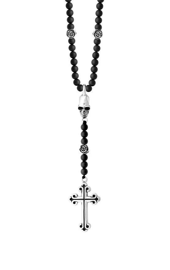 Rosary w/Onyx Beads, Skull and Traditional Cross