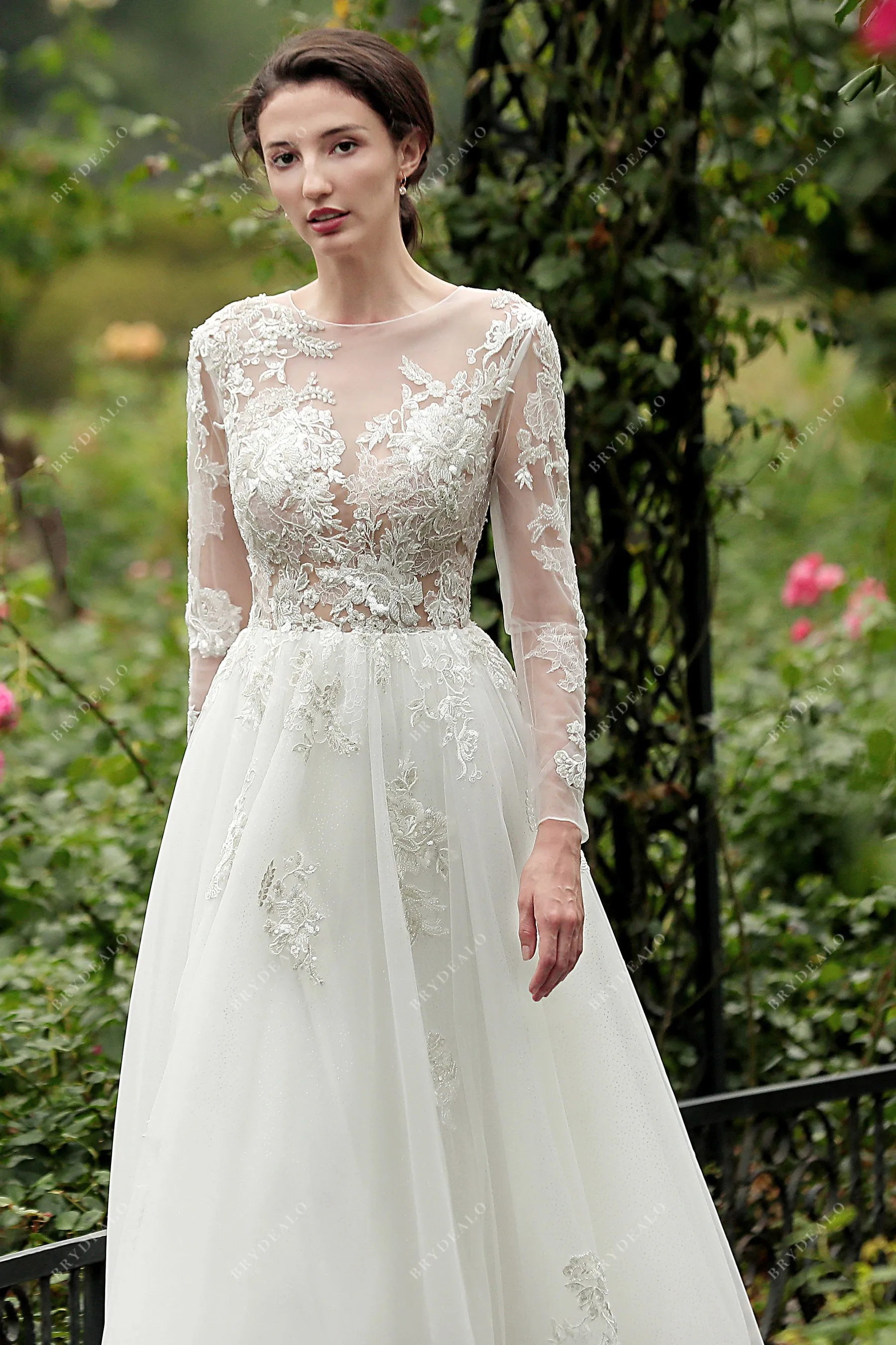 Shimmery Lace Alluring Illusion Sleeves A-line Bridal Gown