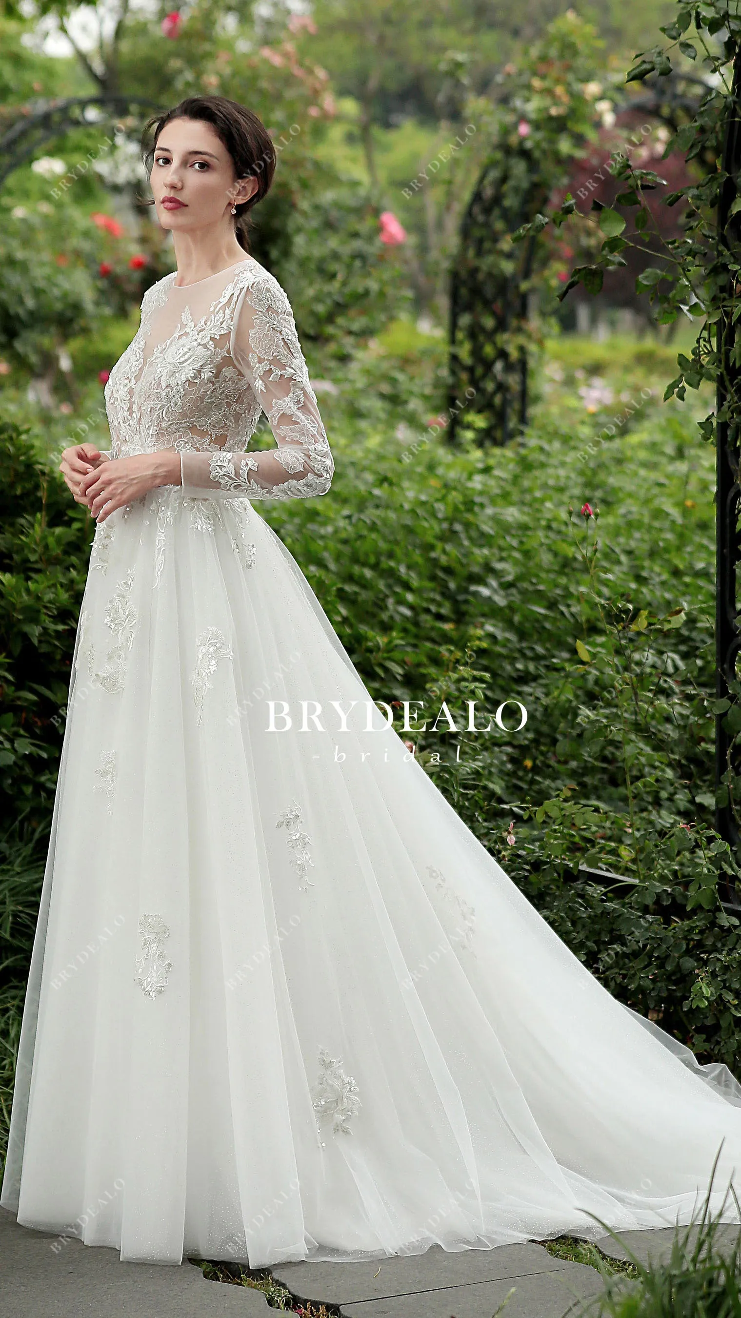 Shimmery Lace Alluring Illusion Sleeves A-line Bridal Gown