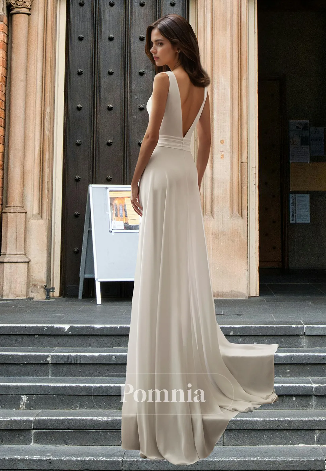 Simple Spaghetti Straps Deep V-Neck Backless Ruched Floor-Length Satin Wedding Dress