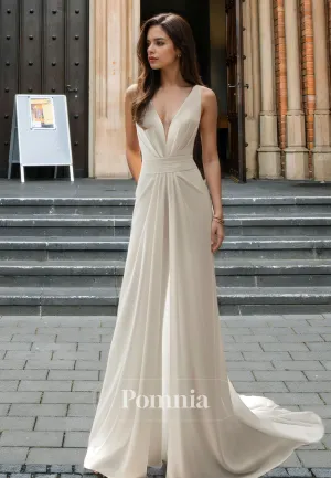 Simple Spaghetti Straps Deep V-Neck Backless Ruched Floor-Length Satin Wedding Dress