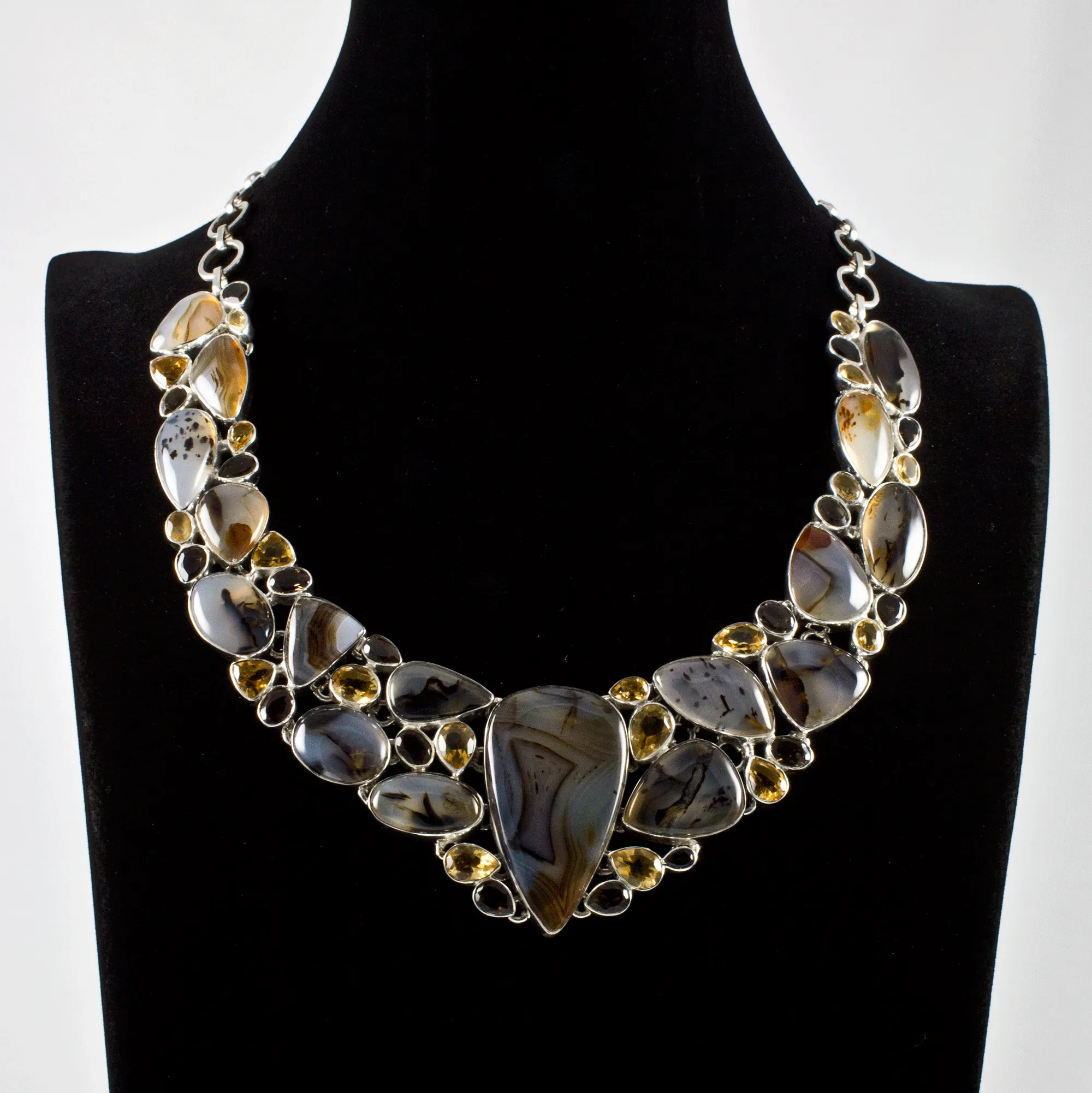 Sterling Silver Montana Agate, Citrine and Smoky Quartz Necklace
